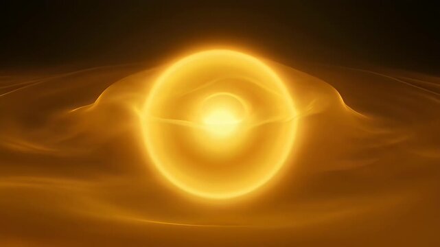Abstract glowing golden orb surrounded by swirling patterns and dark background