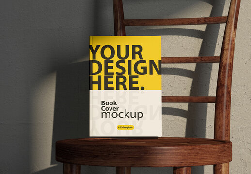 Vertical Hard Cover Book Mockup on wooden chair
