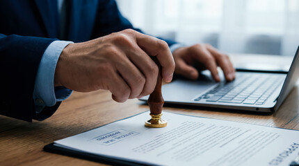 Fototapeta premium Businessman in suit using rubber stamp on document at office desk with laptop