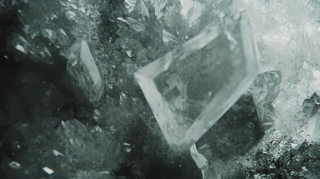 Ice blue crystals are displaying intricate geometric textures, forming a striking natural abstract pattern with transparent and translucent mineral formations