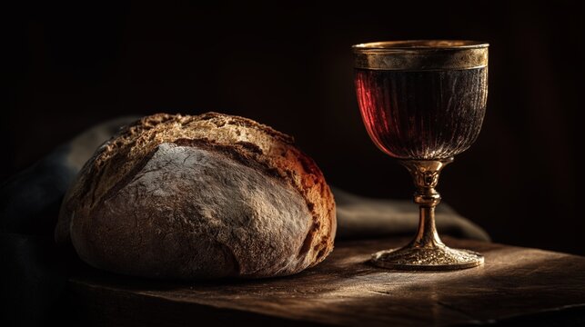 Bread and wine for Holy Week. Last Supper communion elements on a dark wooden table. Eucharist sacrament still life with chalice and rustic loaf. Religious concept with copy space
