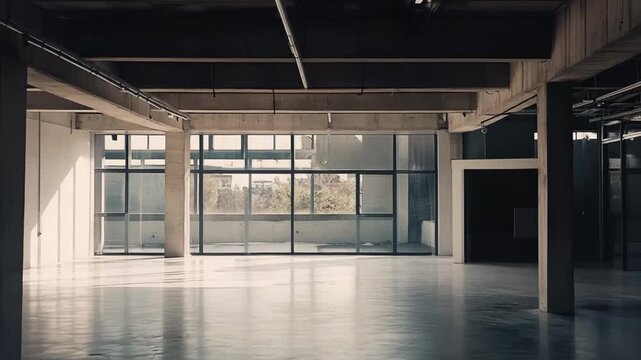 Spacious empty industrial or office building interior featuring minimalist modern architecture, concrete columns, polished floor, and large windows bringing natural light, ready for new development