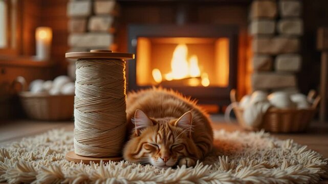 Orange tabby cat sleeping on a fluffy rug by a warm fireplace. Cozy winter evening indoors with a resting feline and a spool of yarn