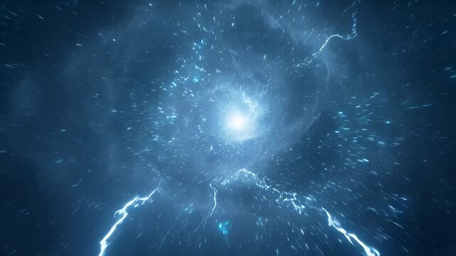 Abstract cosmic vortex with bright center light and electric blue sparks, spacetime warp
