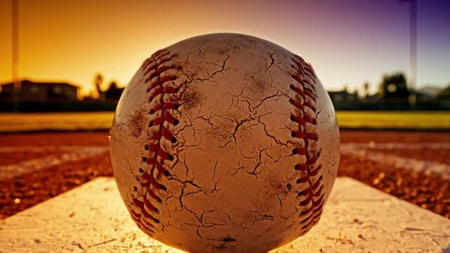 Close up view of worn baseball sitting on home plate with beautiful golden sunset lighting, sports concept