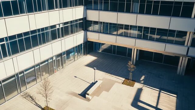 Modern architectural office building showing a deserted central courtyard with a concrete bench, street light, and small trees casting long shadows on the paved ground under bright sunlight