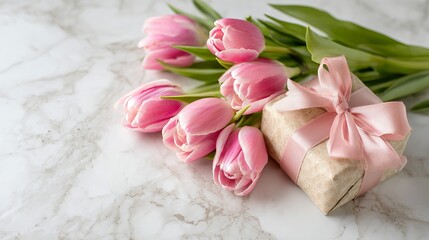 Pink tulips and a gift with a ribbon sit on a white marble table, perfect for a Valentine's or Women's Day card.