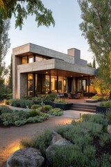 Fototapeta premium Modern house with large windows and outdoor space in a garden setting during early evening light in a quiet neighborhood