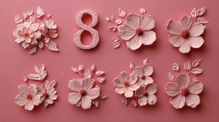 Clay flowers form an eight on pink. This lovely design celebrates Women's Day.