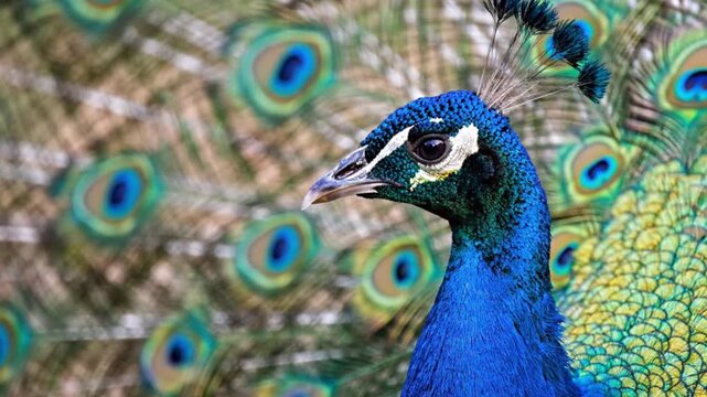 A magnificent peacock showcases its stunning natural beauty in a vibrant close-up. The majestic bird's iridescent blue neck and head are prominently featured against the mesmerizing backdrop of its fa