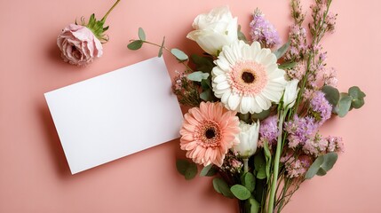 Flowers and a card are placed on a soft pink surface.