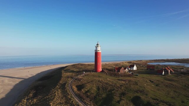 Aerial View of Red Lighthouse on Texel Island, North Sea Coast, Netherlands