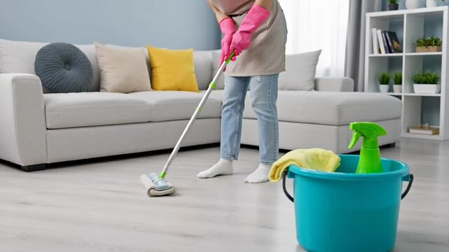 Woman wearing pink gloves cleaning a light wood floor with a mop and bucket