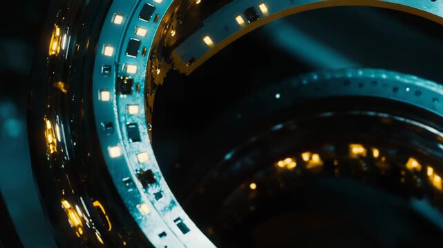 Abstract circular elements interlinking with radiant light patterns, creating a dynamic visual representation of digital data transfer, innovative connectivity, and advanced technological concepts