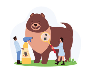 Tiny veterinarians examining large dog for fleas using magnifying glass and spray bottle, pet health care, parasite prevention, isolated on white background vector illustration
