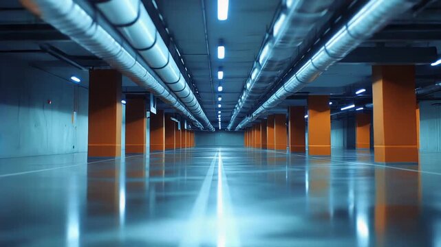 Underground parking garage with prominent orange pillars, fluorescent lighting, and visible ventilation pipes running along the ceiling, creating a modern, vast, and empty urban space