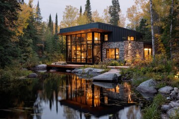 Obraz premium Modern cabin sits by a pond surrounded by trees in a forest during the evening with lights reflecting on the water surface