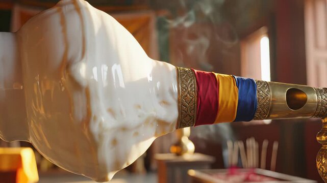 Close Up Of A White Conch Shell With Red Blue And Yellow Ribbons And Incense Smoke