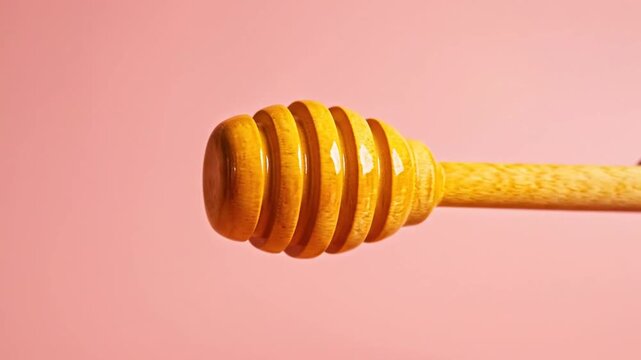 Close-up of a wooden honey dipper against a vibrant pink background, highlighting its texture and design.