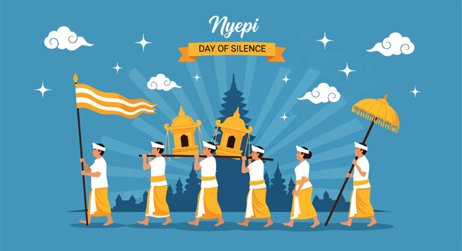 Balinese Nyepi Celebration Procession Carrying Offerings