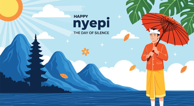 Balinese Man with Umbrella on Nyepi Day