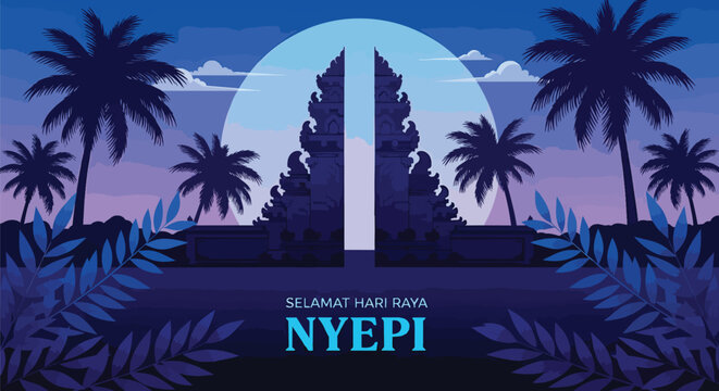 Balinese Temple Gate During Nyepi Celebration with Palm Trees and Moon