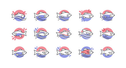 Fish icon set. Seafood logo collection. Vector illustration