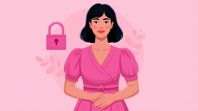 Woman in a pink dress stands confidently against a pink background with a padlock symbol, symbolizing security and privacy.