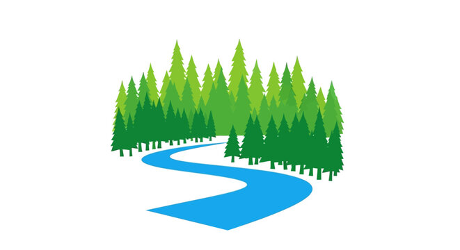 Winding River Through Dense Forest Trees.