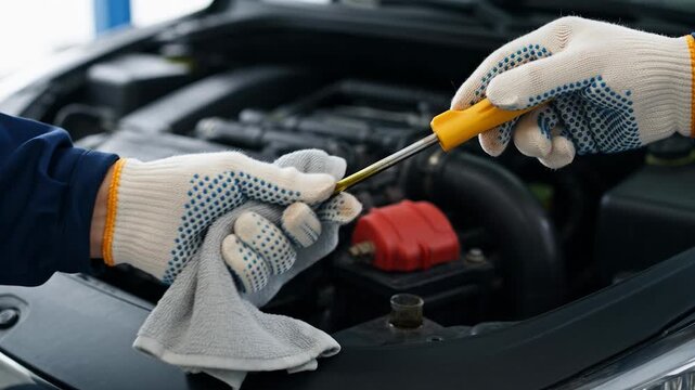 Mechanics hands in gloves holding screwdriver and rag near car engine