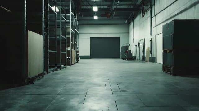 Dimly lit industrial warehouse interior with shiny concrete floor, tall metal racking, stacked boxes and closed roll up door, evoking logistics, storage and distribution facility