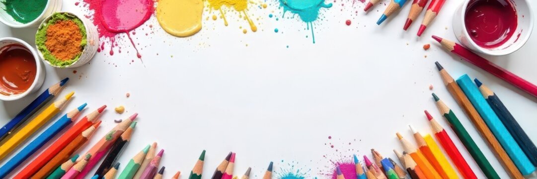 A grid of colorful art supplies on a white background, perfect for creative content creation , content creation, workspace