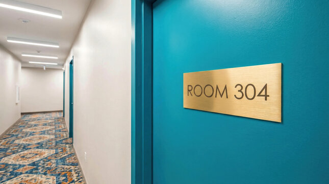Room number displayed on brass plaque outside door in modern hallway with decorative carpet. Room number 304 enhances doorway aesthetics, combining elegance and functionality in hotel design.