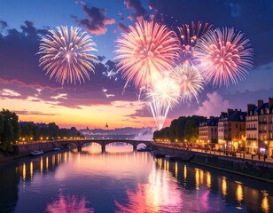 Fototapeta premium A serene river scene at sunset with vibrant fireworks exploding above