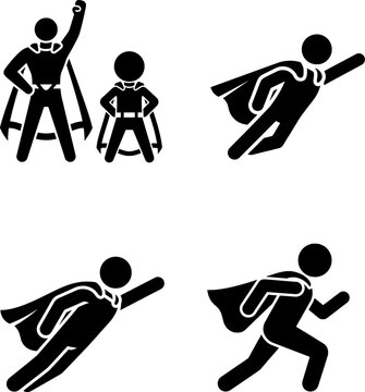 Superhero Stick Figure Action Icon Set with Flying and Running Poses