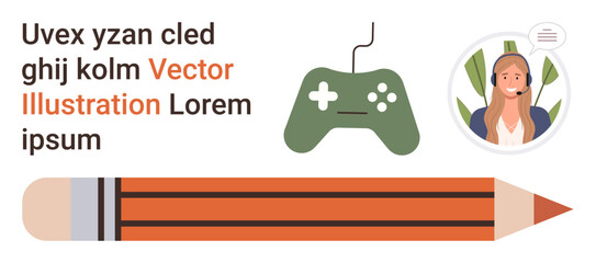 Gaming, customer service, creativity, communication, education, and technology. Icon-style game controller, chat agent within a circle and a large pencil. Gaming and customer service concept