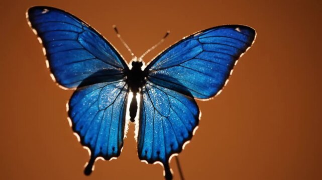 Stunning Blue Morpho Butterfly Spreading Its Wings in Slow Motion Against a Warm Background.