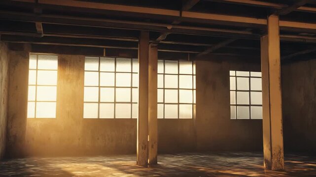 Empty industrial loft space with concrete floor reflecting bright golden hour sunlight streaming through large windows, creating dramatic light rays and shadows