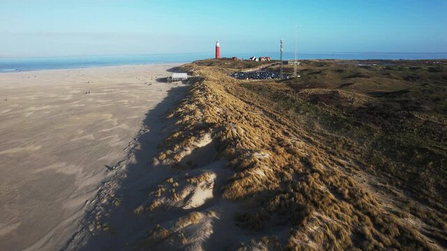 Aerial View of Texel Island Lighthouse and Sand Dunes, North Sea Coast, Netherlands