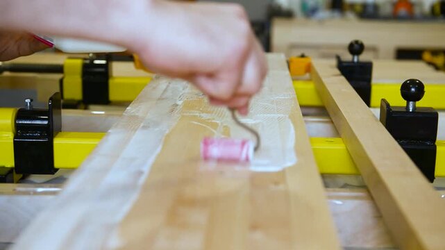 Close-up of Wood Glue Being Applied to a Wooden Plank on a Workshop Table. Carpenter gluing wooden planks. The carpenter glues the bars