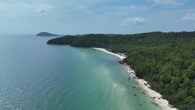 Sao Beach (Starfish), Phu Quoc Island, An Giang (Kien Giang) Province, Vietnam &ndash; 4K Aerial Drone View of Tropical Beaches, Turquoise Water, Sandy Shoreline, Lush Coastal Forest