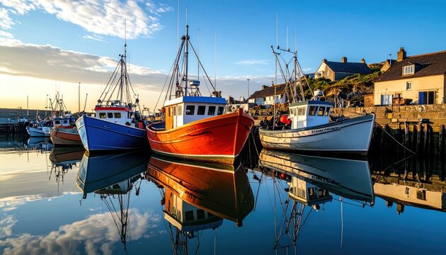 Fishing boats docked in harbor at dawn
