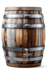 Obraz premium Wooden barrel with metal rings close up showing rustic texture craftsmanship tradition and natural material detail in vintage industrial style
