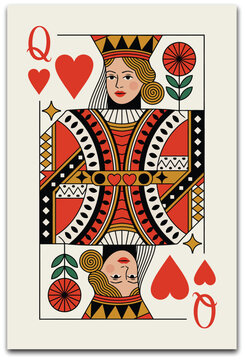 Heart Suit Playing Cards Row, King, Queen, Jack, and card back design, classic poker game vector illustration.