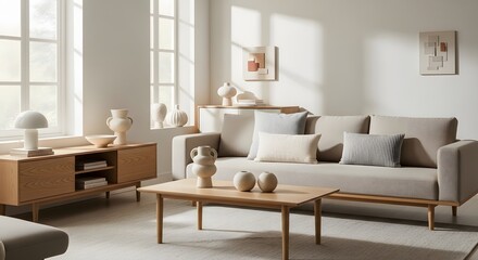 Fototapeta premium Japandi Scandinavian Living Room Interior – Neutral Minimalist Nordic Design with Natural Light and Modern Aesthetic