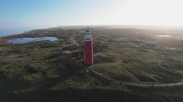 Aerial View of Red Lighthouse on Texel Island, North Sea Coast, Netherlands