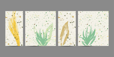 Naklejka premium Simple flowers leaves comfortable paint brush soothing pastel muted pale calm tones card templates set. Collection of romantic invitations