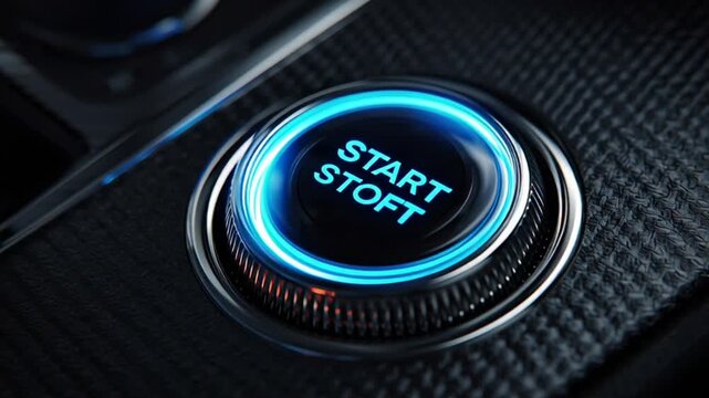 Close-up of modern car start stop button with blue light