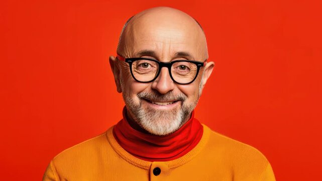 Joyful Senior's Portrait: A cheerful, distinguished senior with a bald head, beard, and spectacles exudes warmth and positivity against a vibrant backdrop.