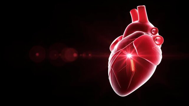 Red Heart Anatomy: A striking visual representation of a human heart, rendered in a vibrant red hue against a dark backdrop, highlighting its intricate structure and symbolizing life, vitality.